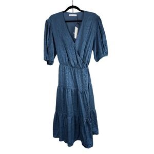 Rebecca Minkoff Mary‎ Dress Cadet Blue Leopard Jacquard Tiered Midi Boho Sweet M
